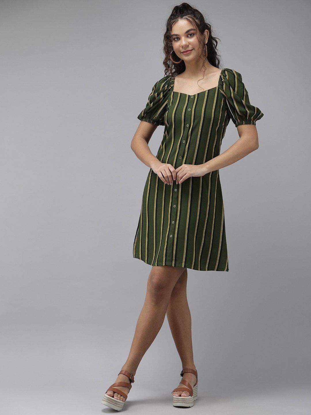 

The Roaster Lifestyle Co. Women Olive Green & Yellow Striped A-Line Dress
