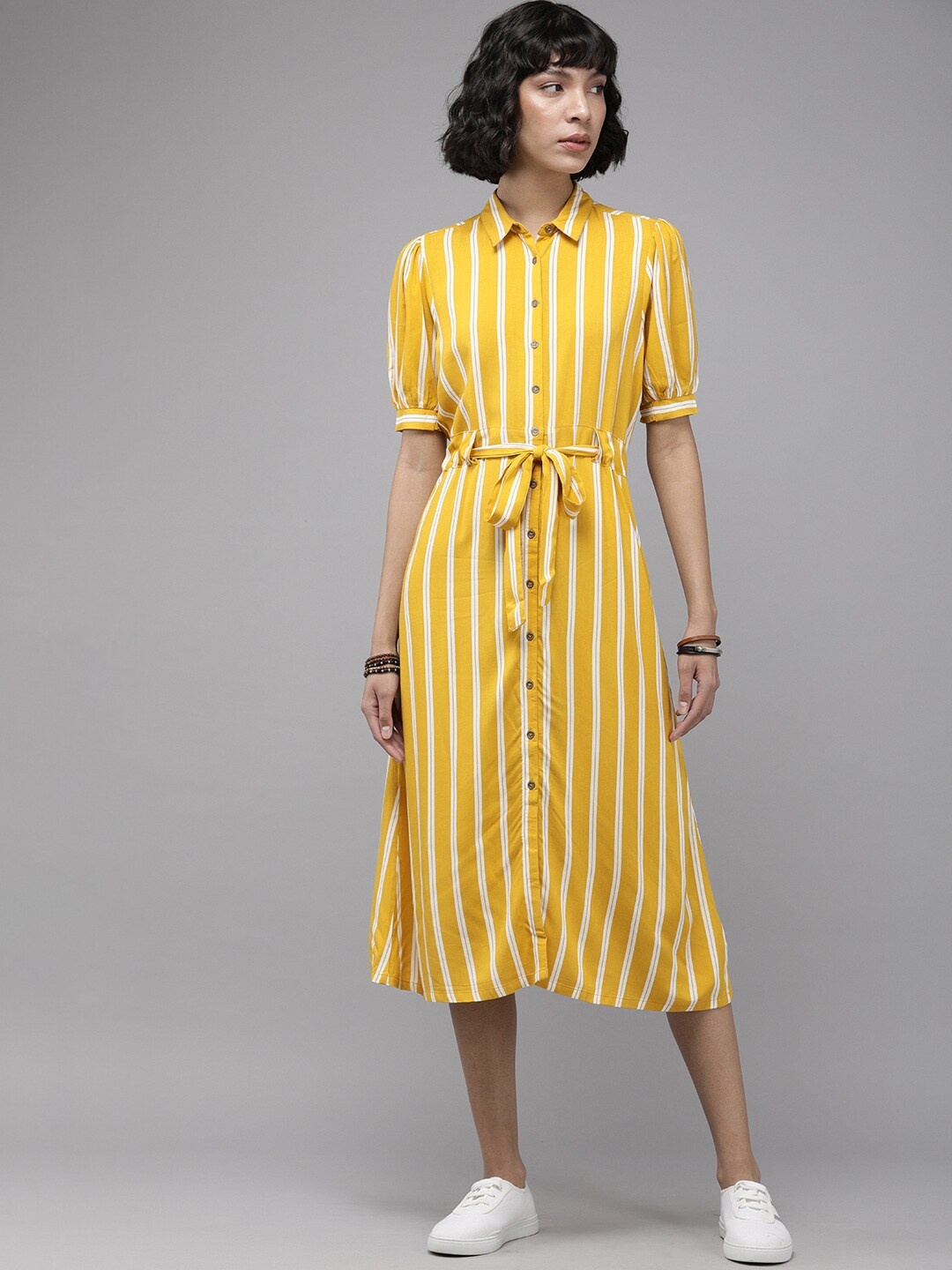 

Roadster Yellow Striped Shirt-Style Midi Dress With Belt
