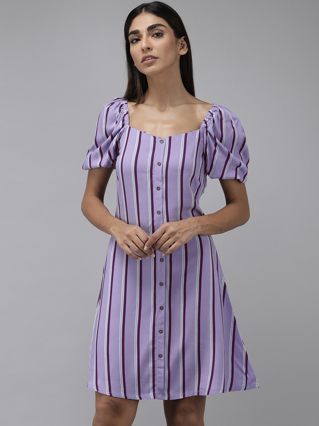 

The Roaster Lifestyle Co. Women Lavender & White Striped A-Line Dress