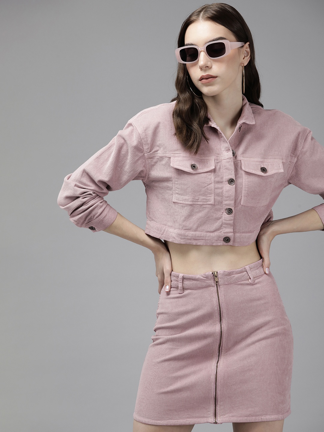 

The Roadster Lifestyle Co. Corduroy Cropped Shirt with Skirt, Mauve