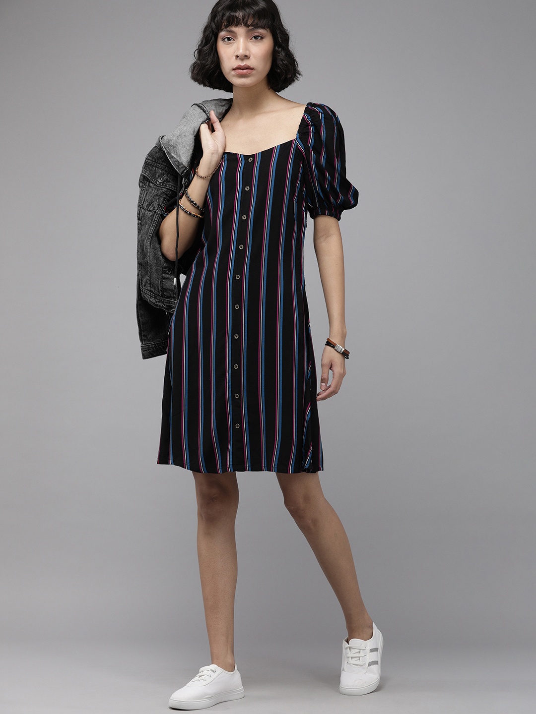 

Roadster Women Black Striped A-Line Dress