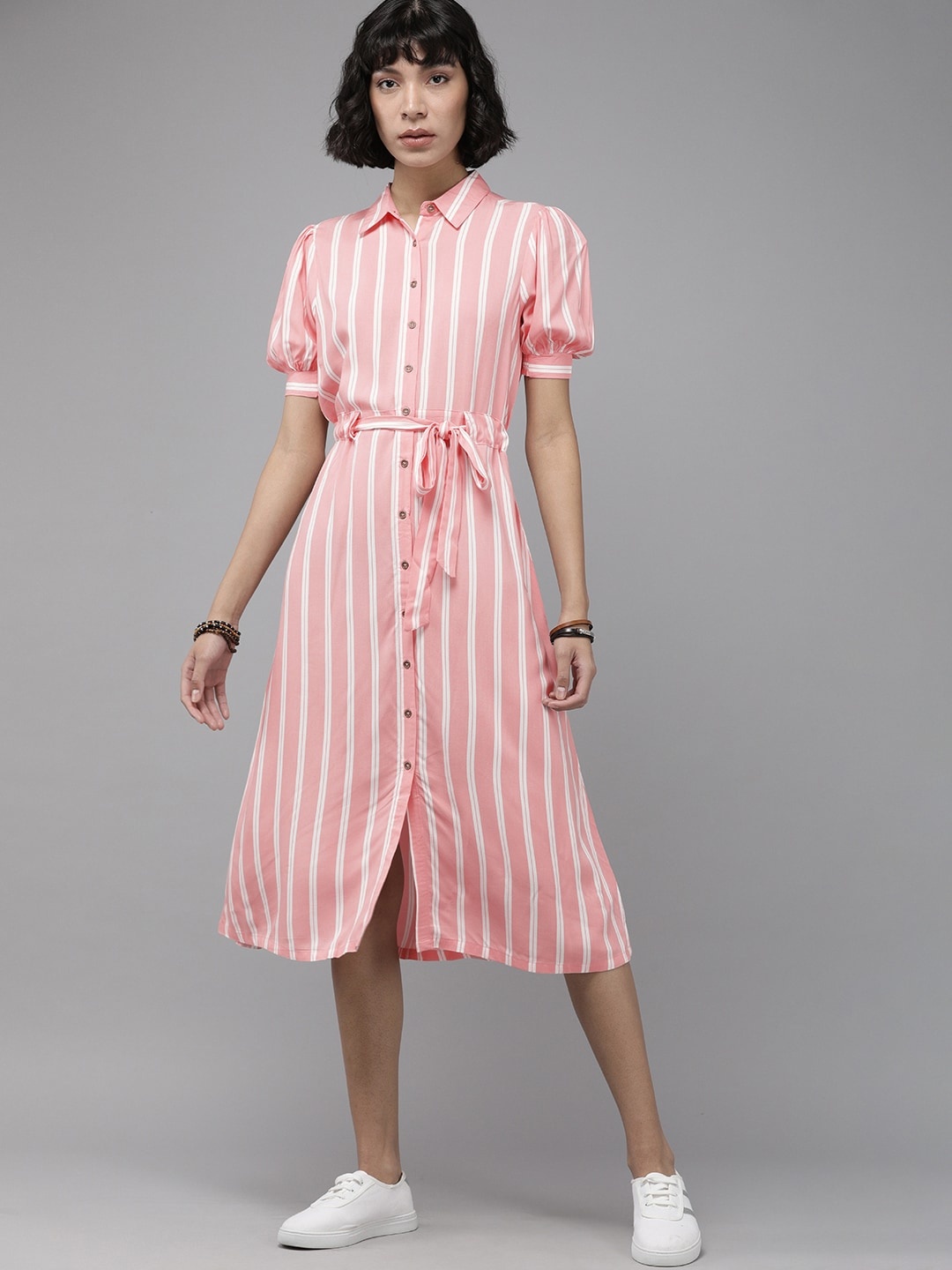 

Roadster Women Pink Striped Shirt-Style Midi Dress With Belt