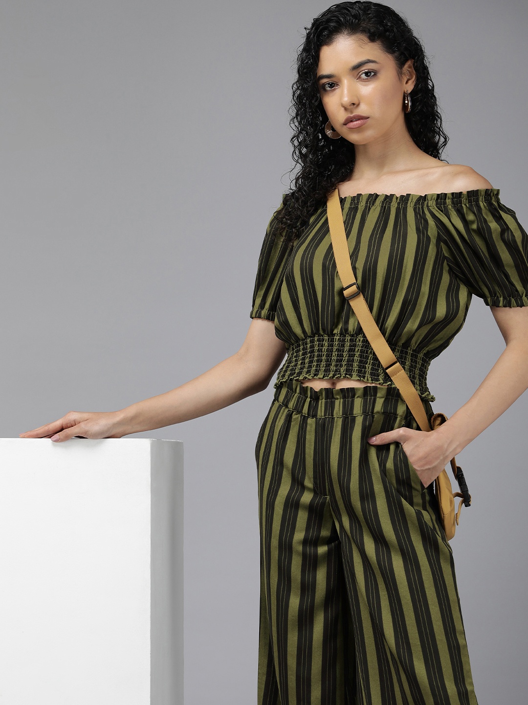 

The Roadster Lifestyle Co. Women Striped Off-Shoulder Crop Top With Trousers Co-ords Set, Olive