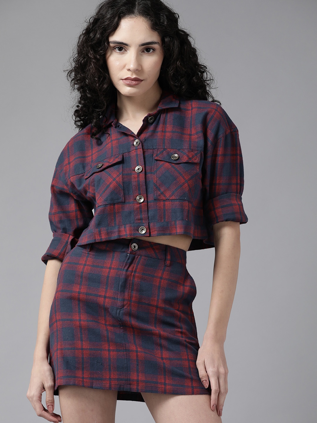 

The Roadster Life Co. Women Navy Blue & Red Checked Pure Cotton Co-ords