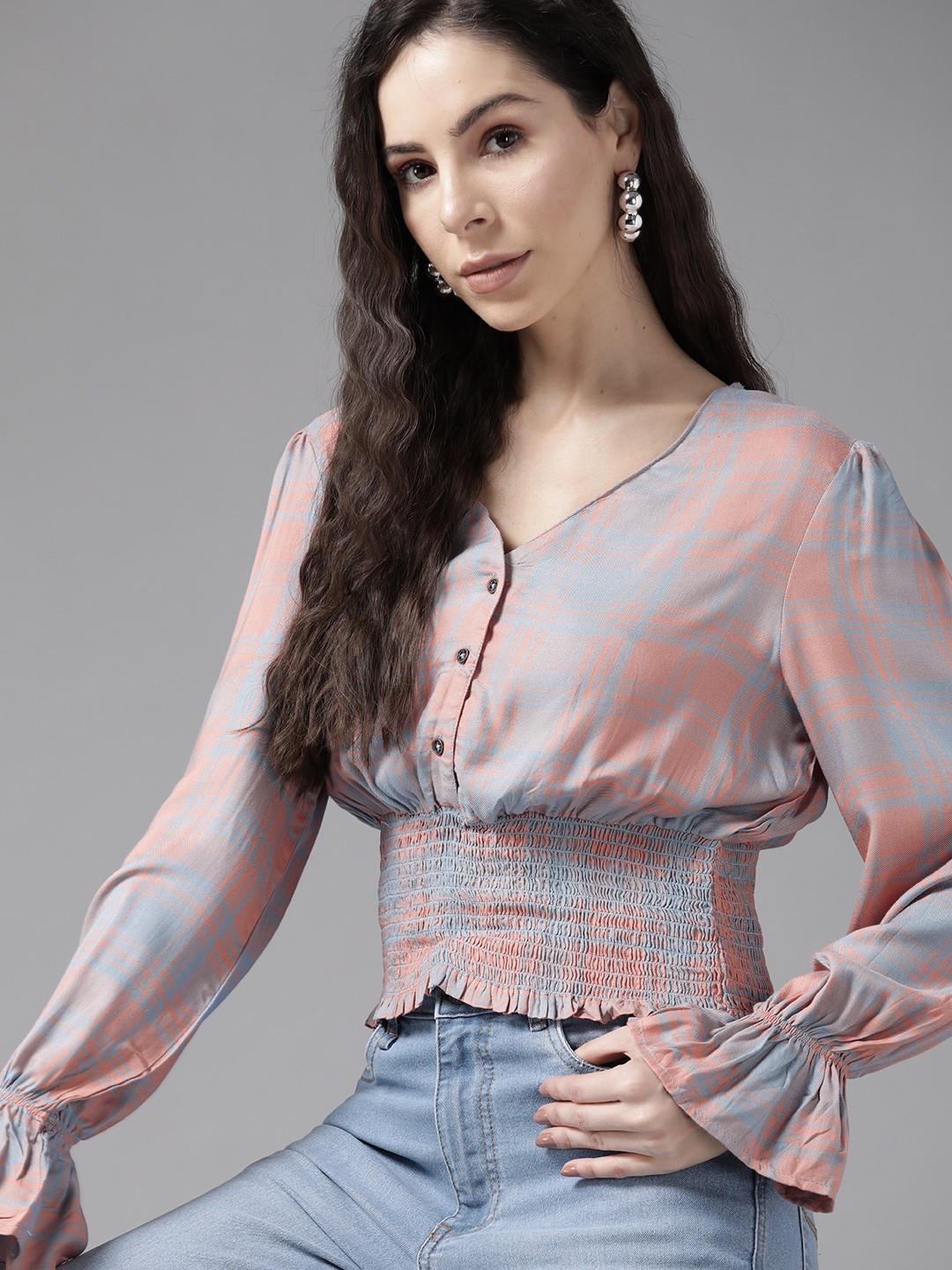 

Roadster Grey & Peach-Coloured Checked Smocked Cinched Waist Top