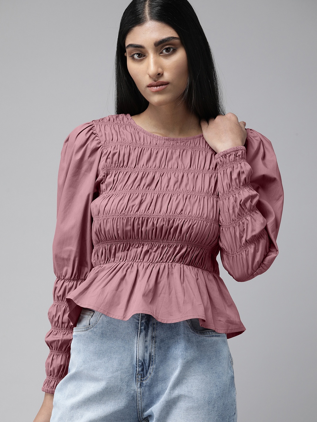 

The Roadster Lifestyle Co Pink Solid Smocking Puff Sleeves Pure Cotton Peplum Top