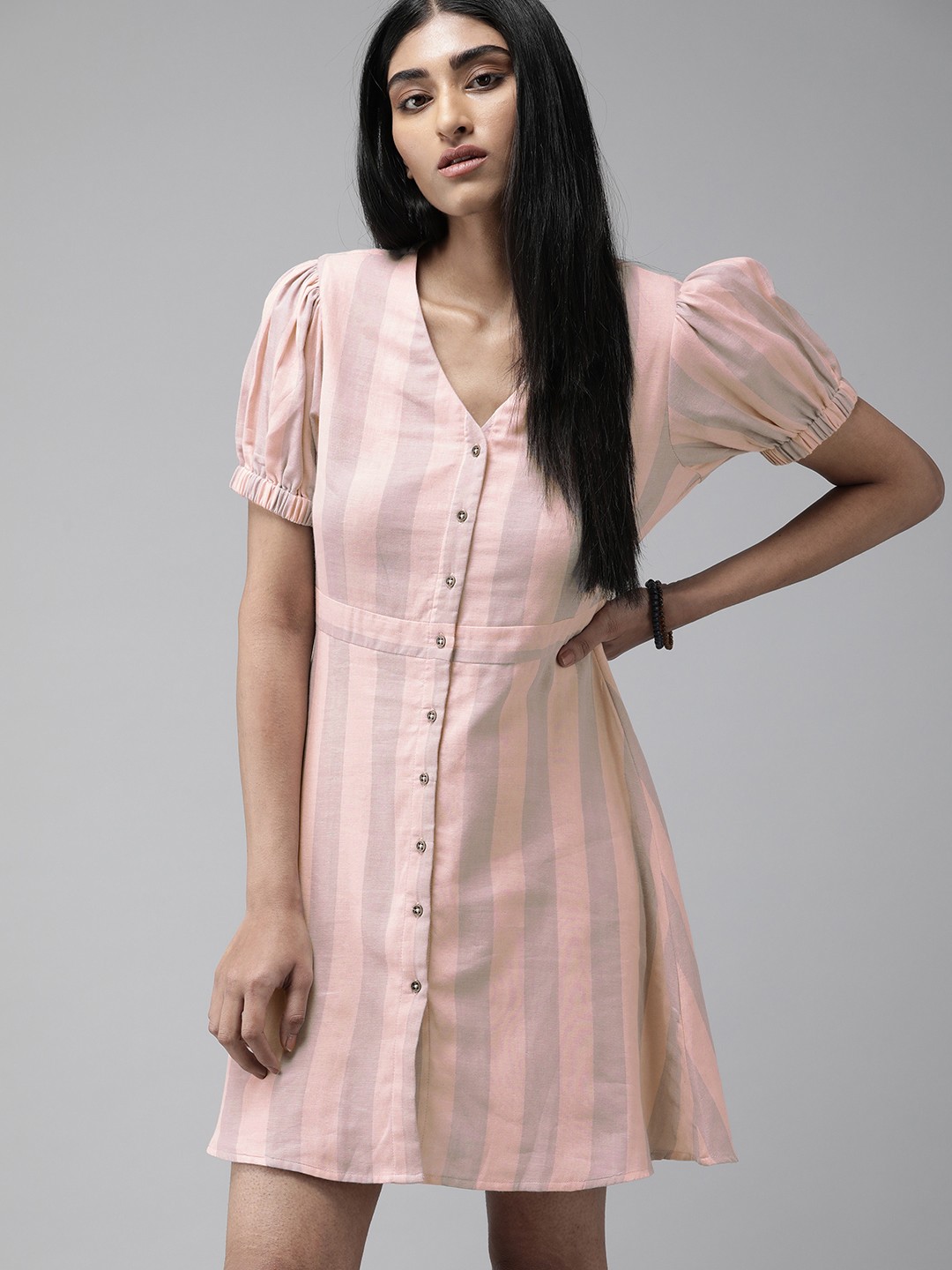 

The Roadster Lifestyle Co Pink & Grey Striped Puff Sleeves Pure Cotton A-Line Dress