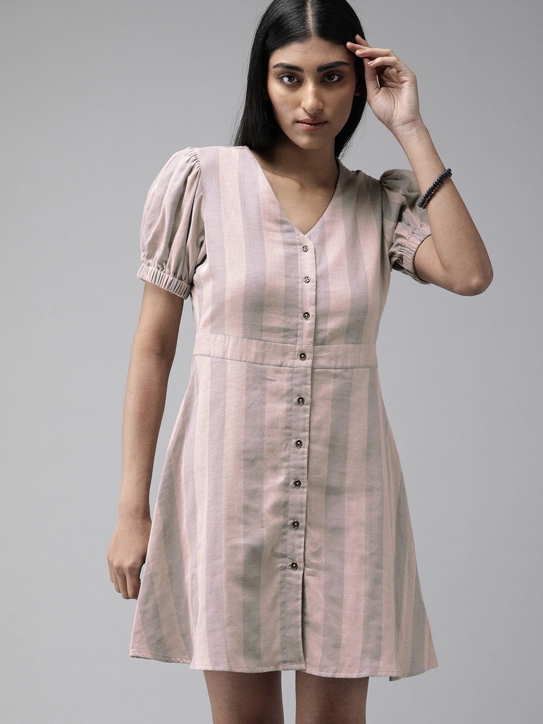 

The Roadster Lifestyle Co Pink & Grey Striped Puff Sleeves Pure Cotton A-Line Dress