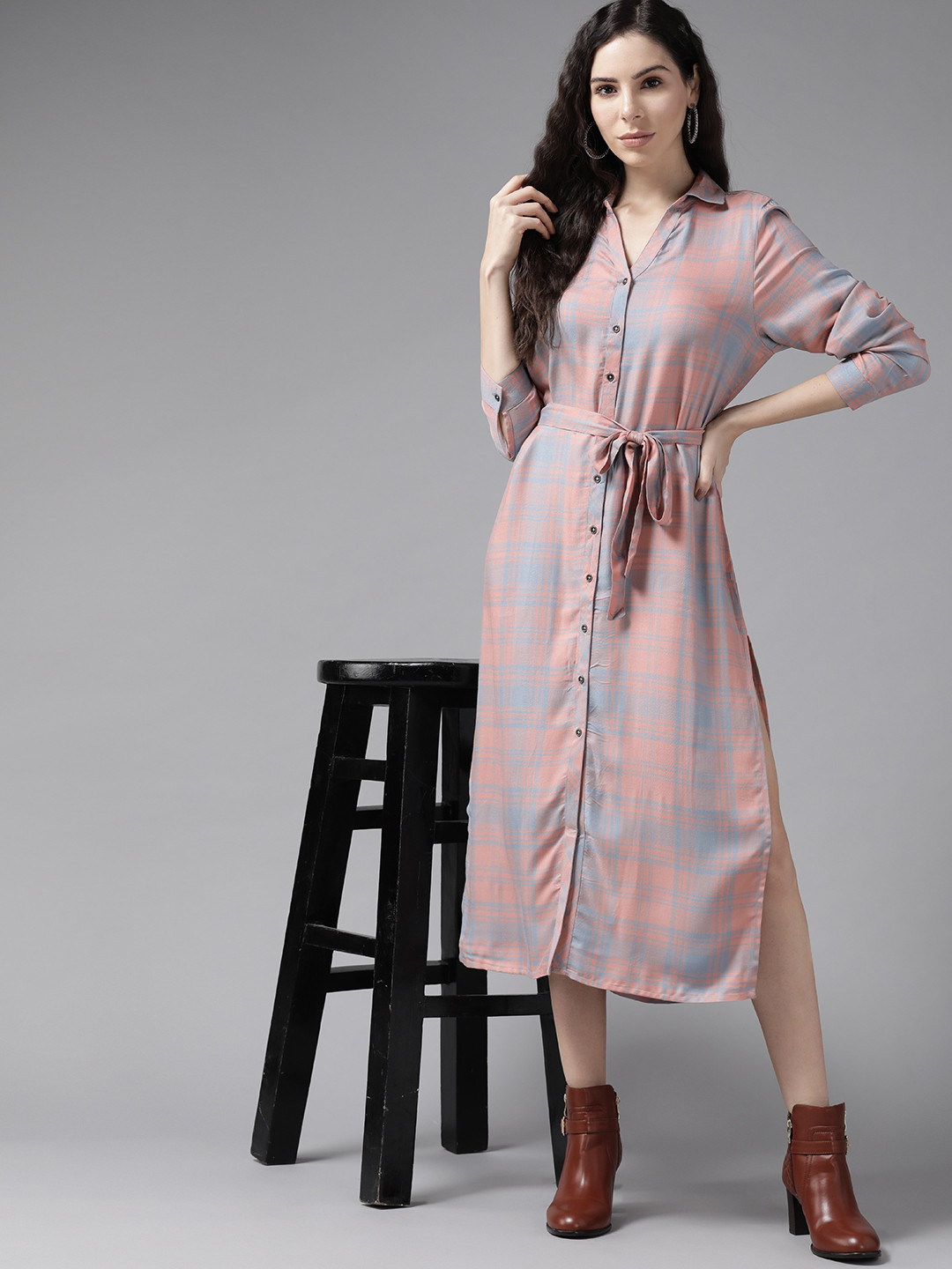 

Roadster Pink & Blue Checked Shirt Midi Dress with Belt