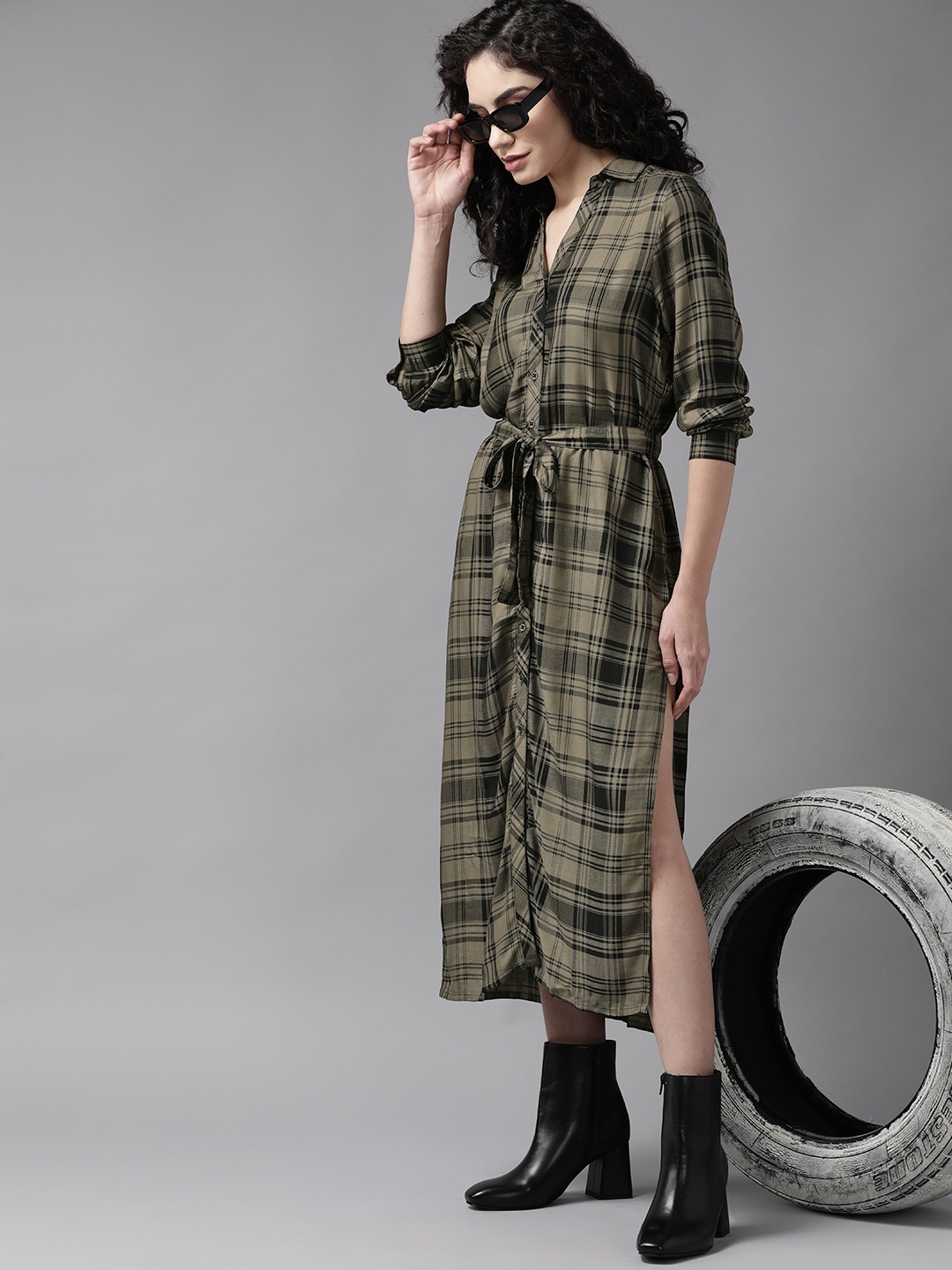

The Roadster Lifestyle Co. Olive Green & Black Checked Shirt Midi Dress