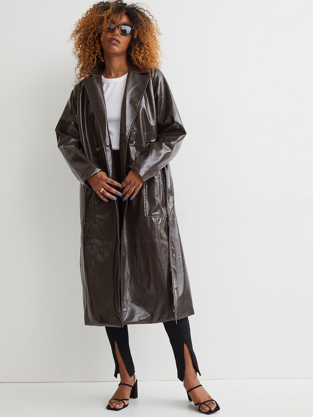 

H&M Women Brown Solid Double Breasted Knee Length Patent Coat