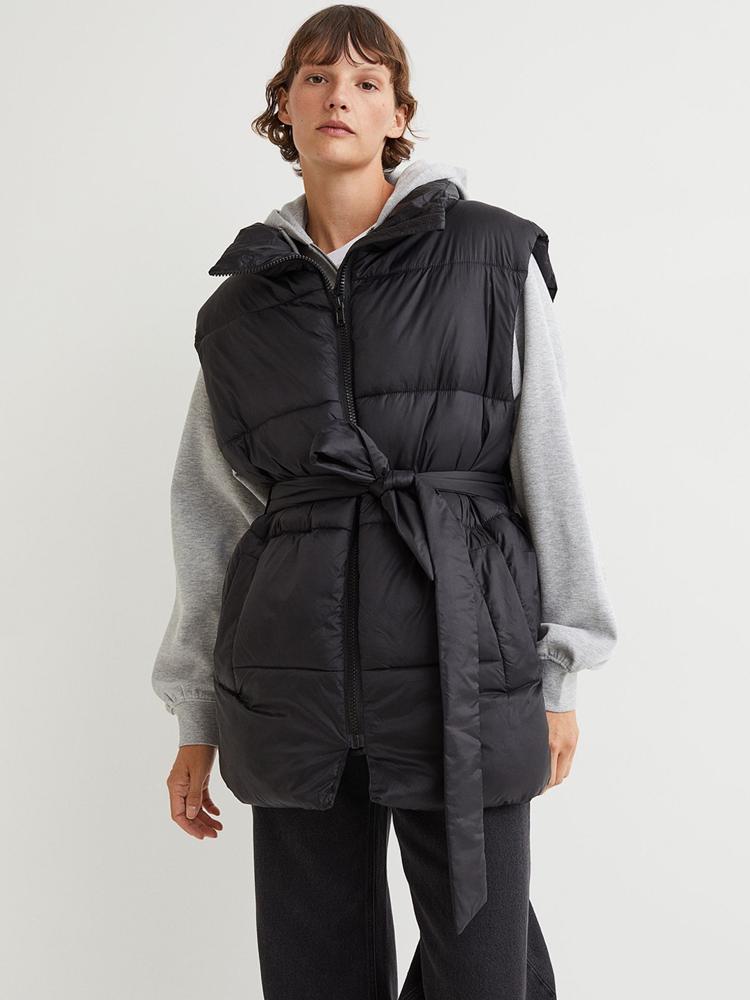 

H&M Women Black Self Design Longline Tie-Belt Puffer Gilet