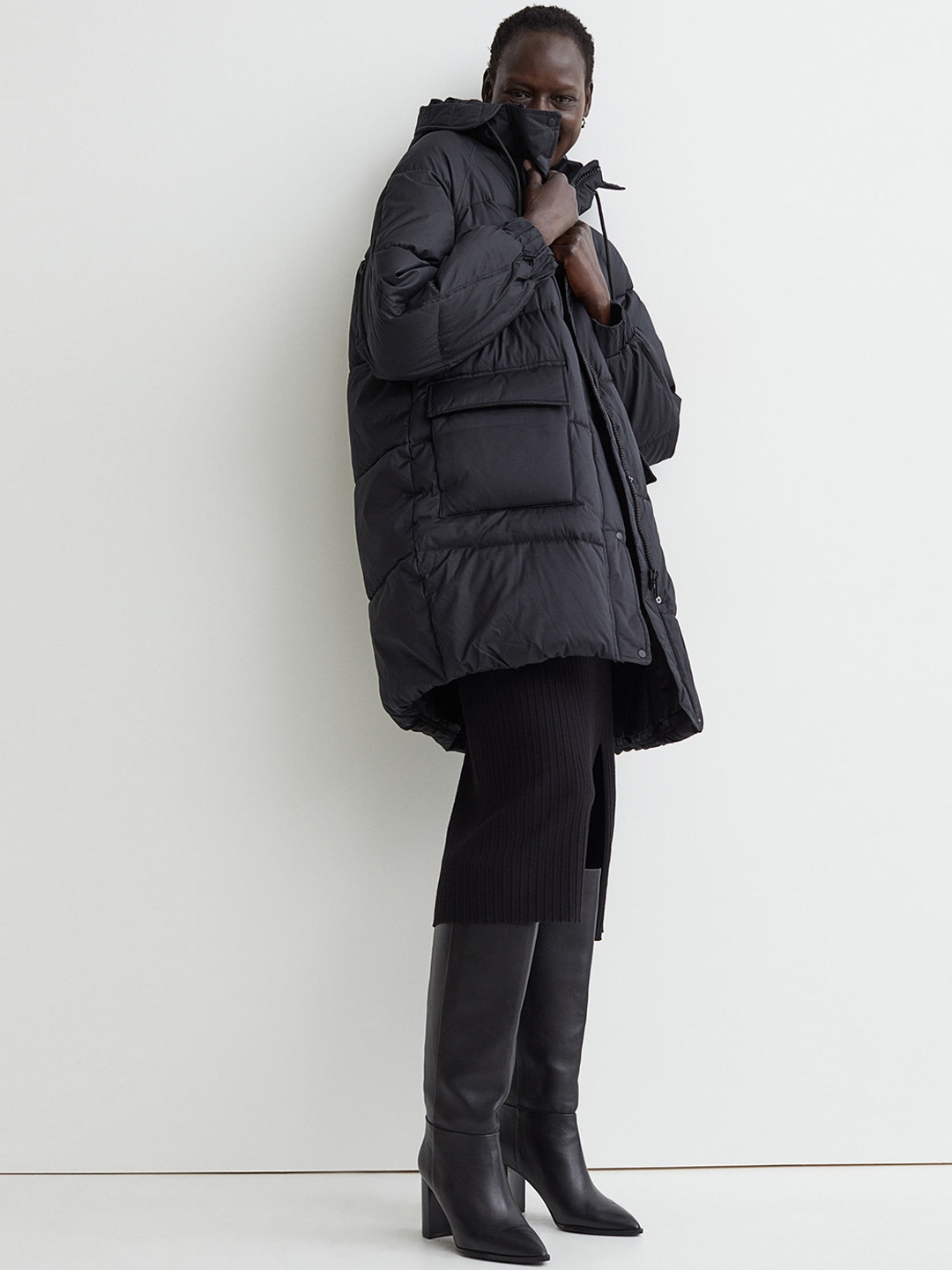 

H&M Women Black Solid Longline Puffer Jacket