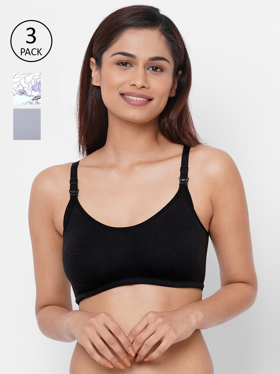 

Inner Sense Pack of 3 Black & Grey Floral Maternity Bra IMB004B_4D_4E