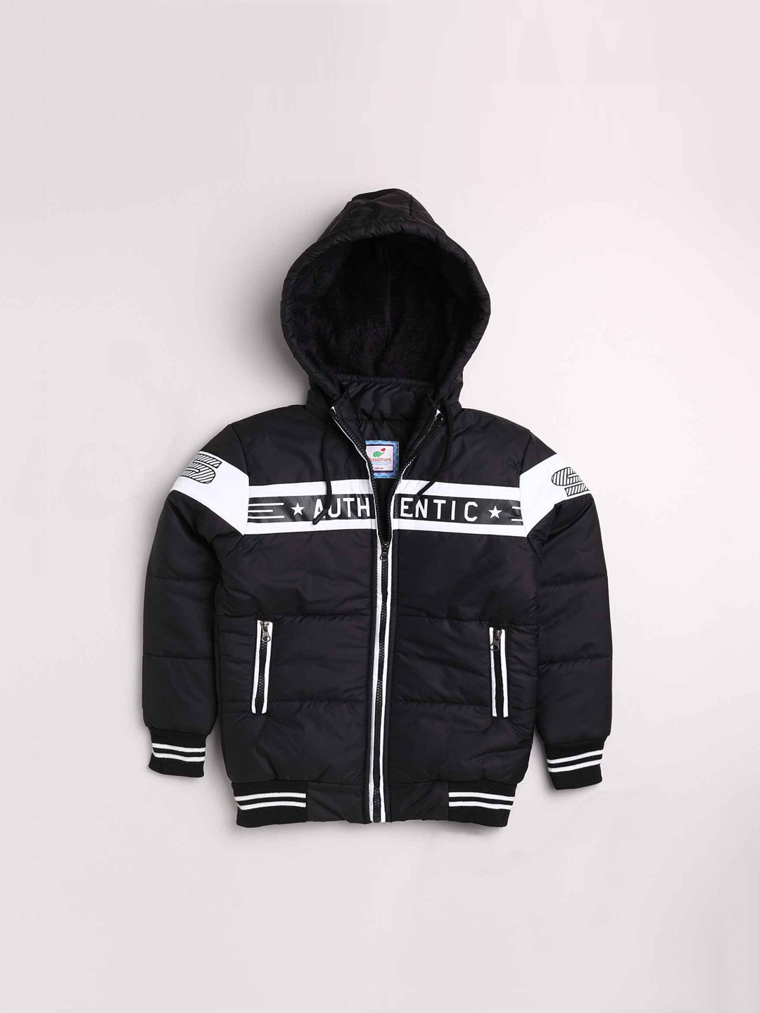 

Toonyport Boys Black White Typography Colourblocked Lightweight Puffer Jacket