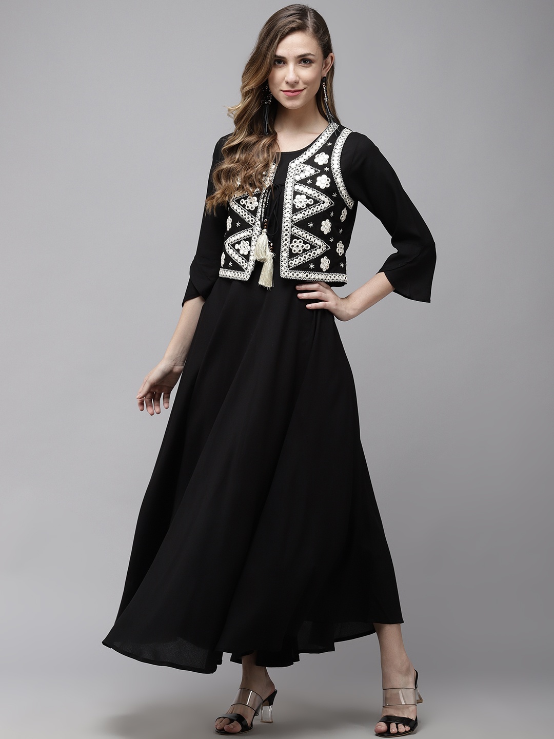 

Yufta Black & White Ethnic A-Line Maxi Dress With Embroidered Jacket