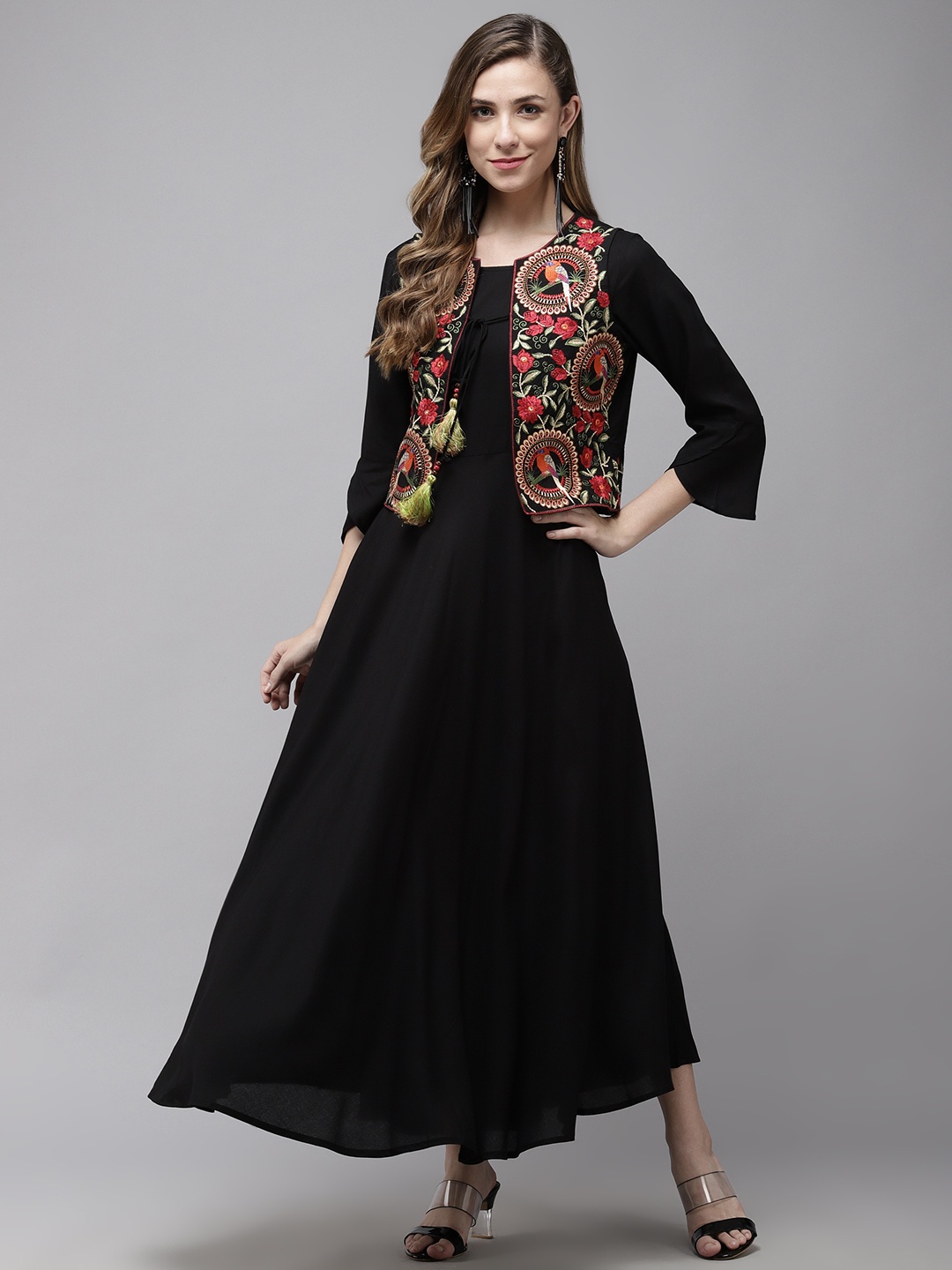 

Yufta Black & Orange Ethnic A-Line Maxi Dress With Embroidered Jacket