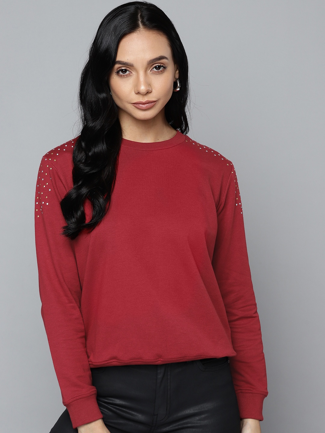 

SASSAFRAS Women Maroon Shoulder Studded Terry Sweatshirt