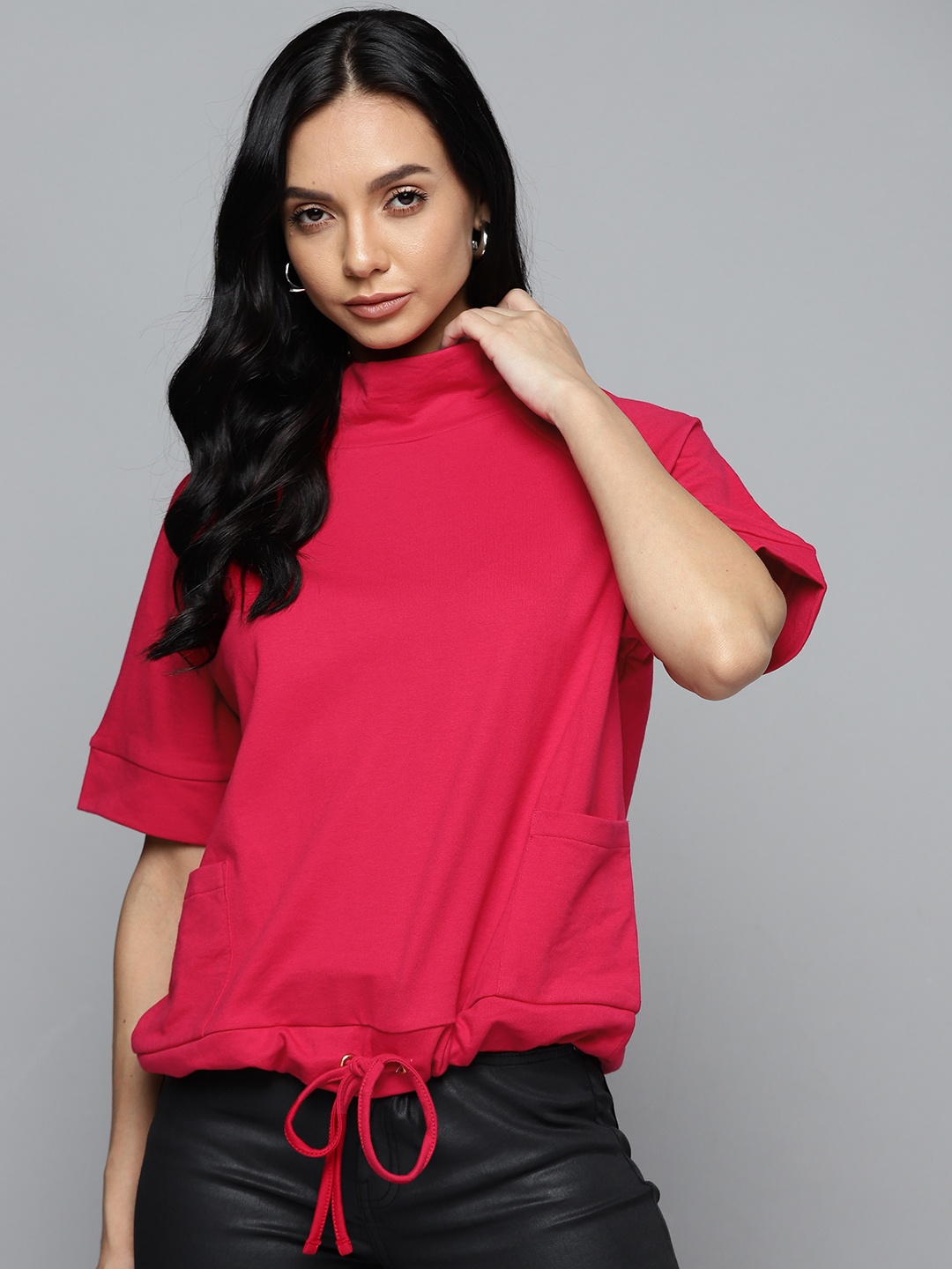 

SASSAFRAS Women Fuchsia Solid Terry Boxy Sweatshirt