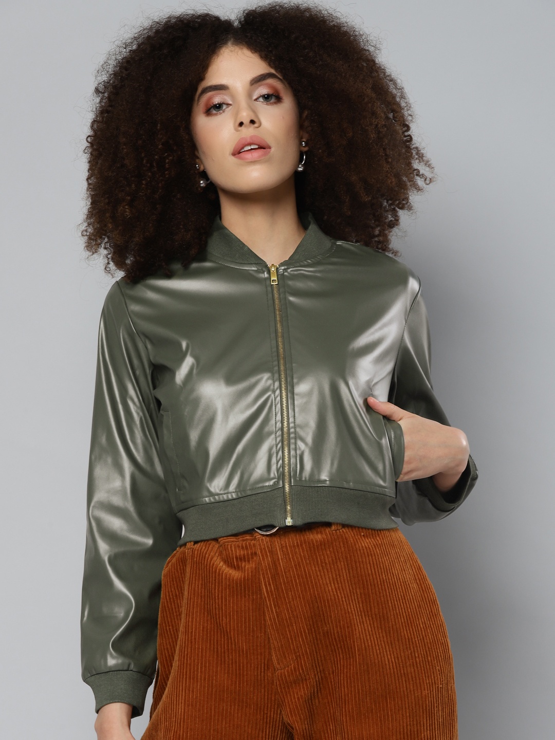 

SASSAFRAS Women Olive Green Crop Bomber Jacket