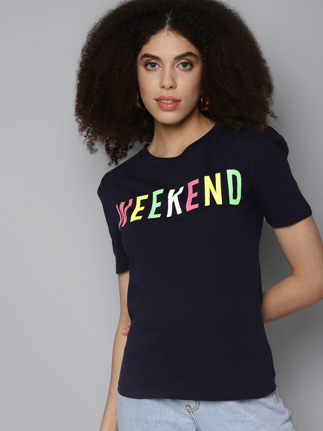 

SASSAFRAS Women Navy Blue Typography Printed T-shirt