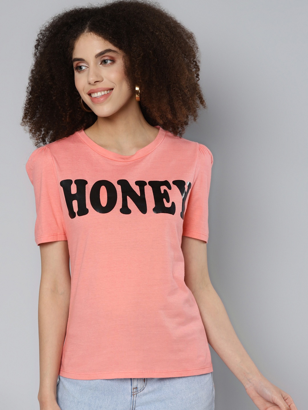 

SASSAFRAS Women Pink Typography Printed T-shirt