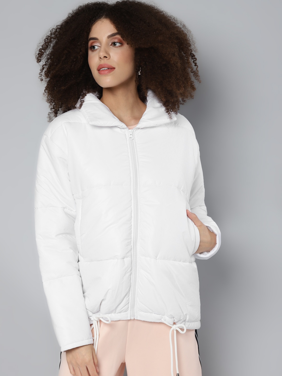 

SASSAFRAS Women White Solid Oversized Quilted Jacket
