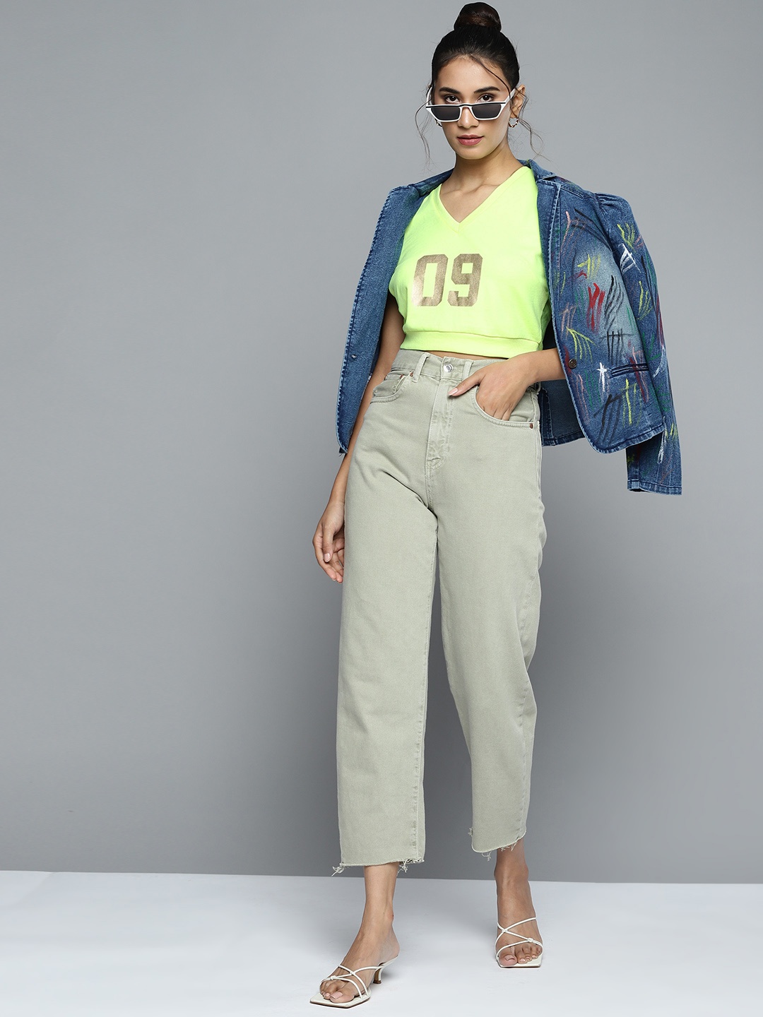 

SASSAFRAS Fluorescent Green Printed V-Neck Vest Crop Top