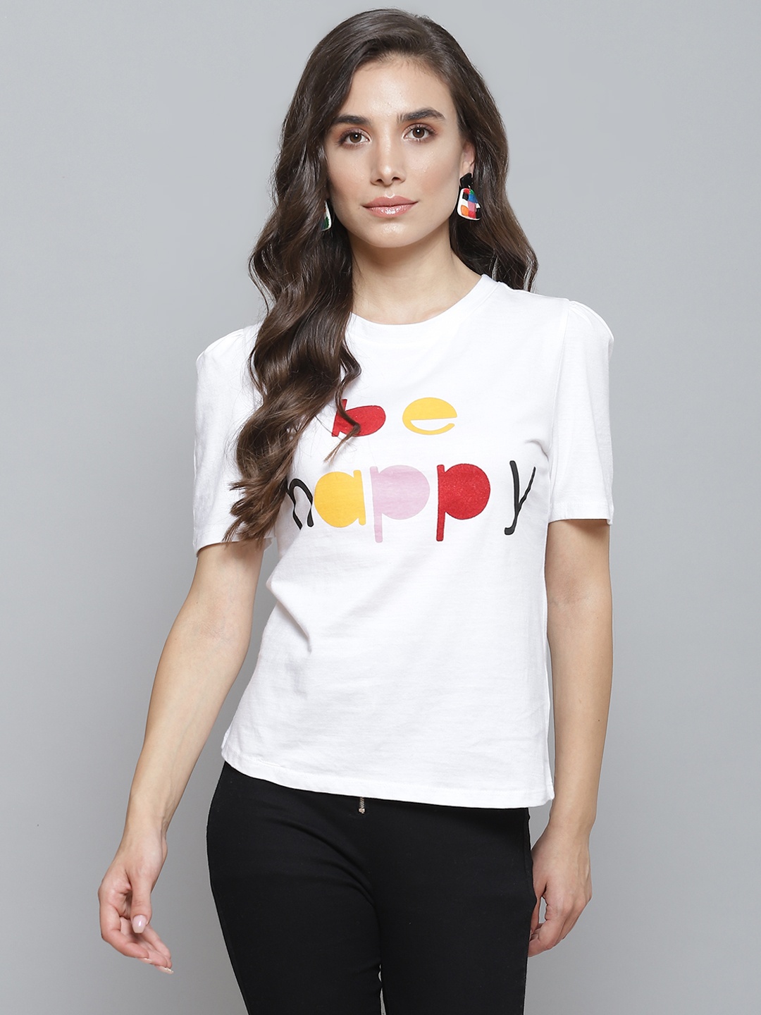 

SASSAFRAS Women White Typography Printed Puff Sleeves Pure Cotton T-shirt