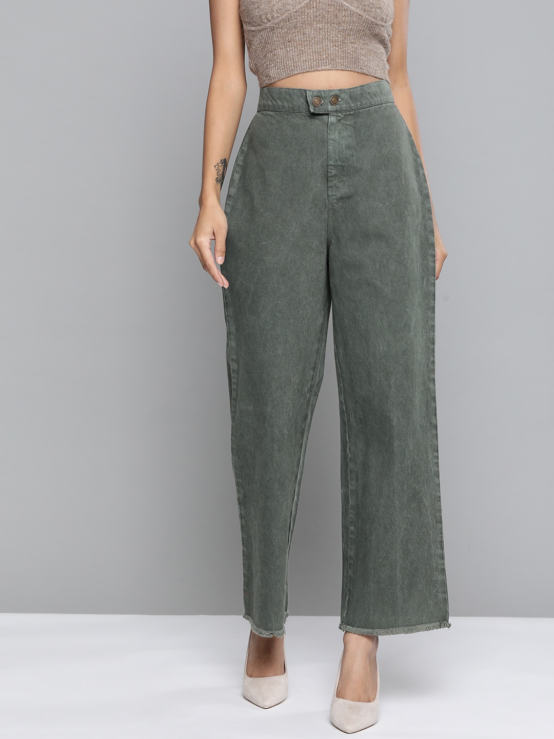 

SASSAFRAS Women Olive Green Wide Leg High-Rise Cotton Jeans