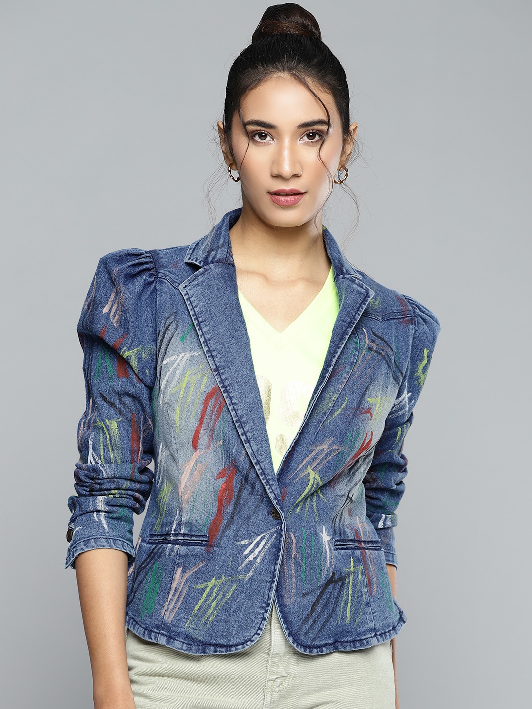 

SASSAFRAS Women Blue Denim Blazer With Paint Spaltter