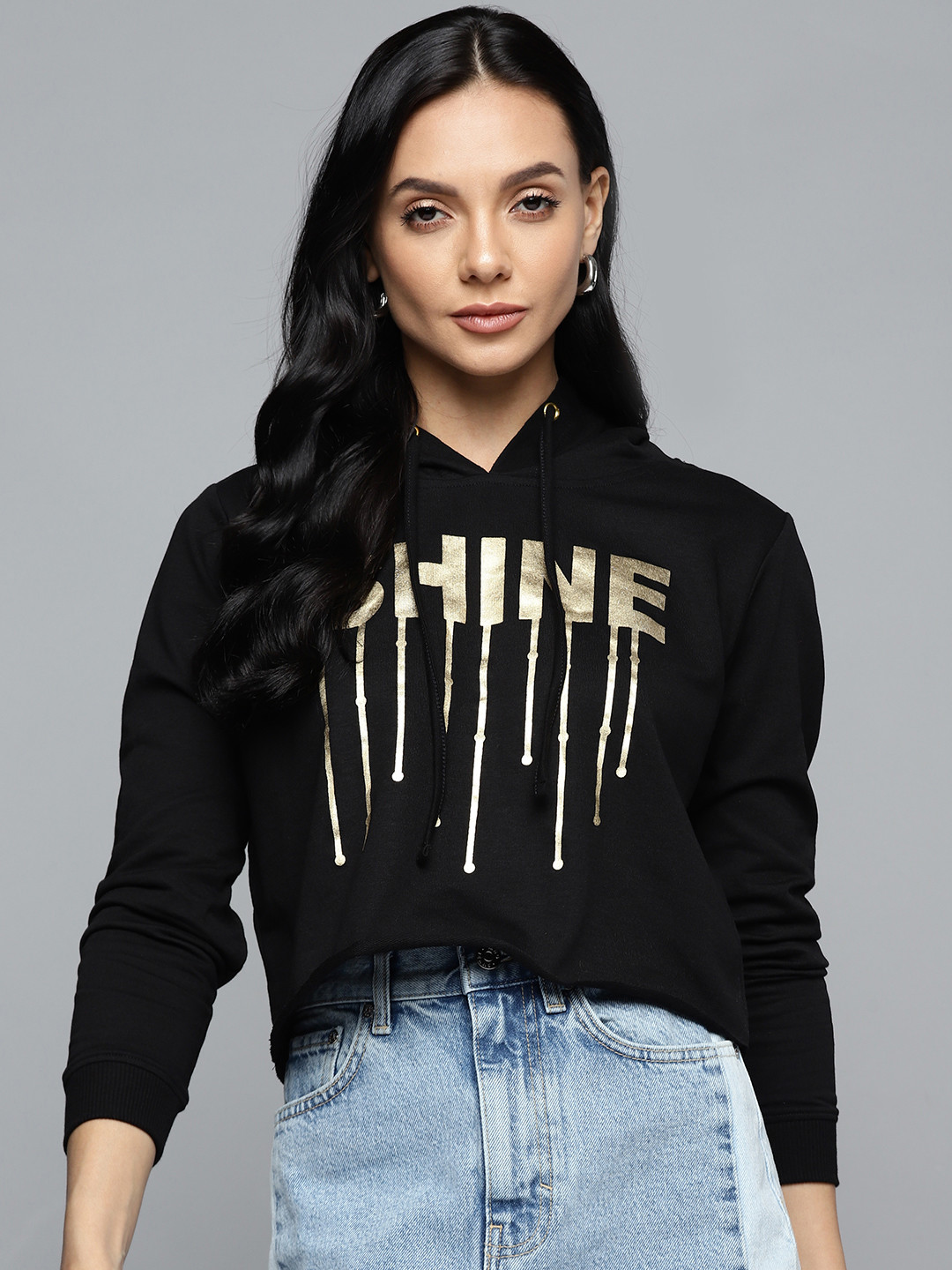 

SASSAFRAS Women Black SHINE Foil Print Terry Crop Hooded Sweatshirt