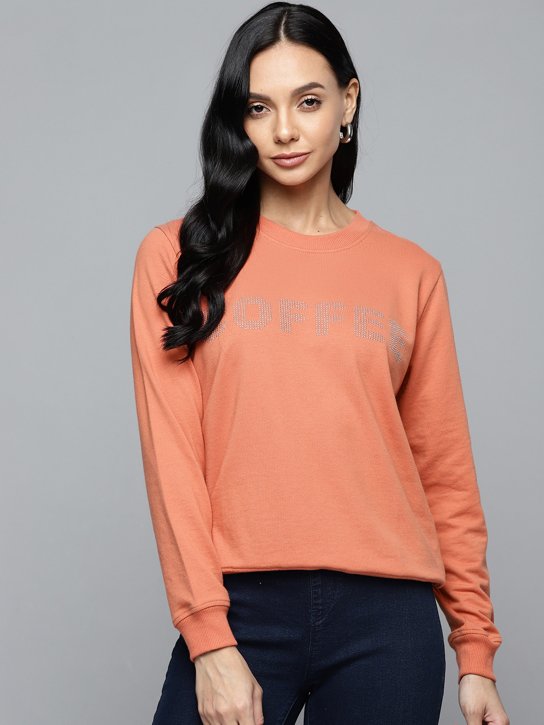 

SASSAFRAS Women Coral COFFEE Studded Terry Sweatshirt