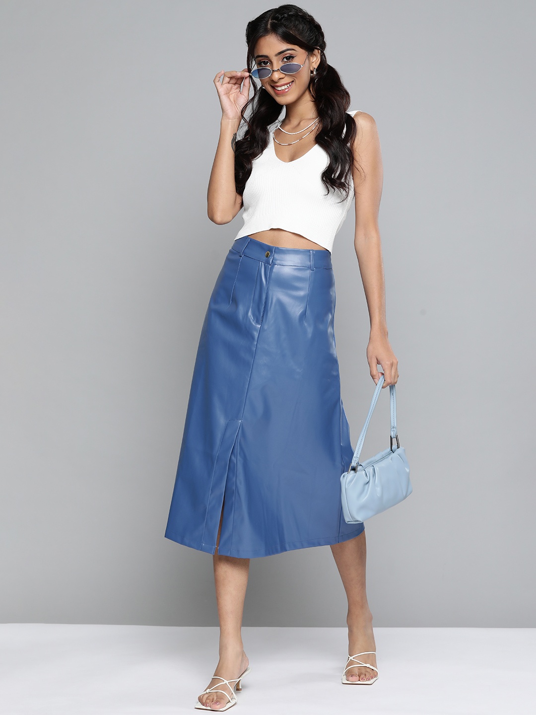 

SASSAFRAS Women Blue Solid PU A-Line Skirt