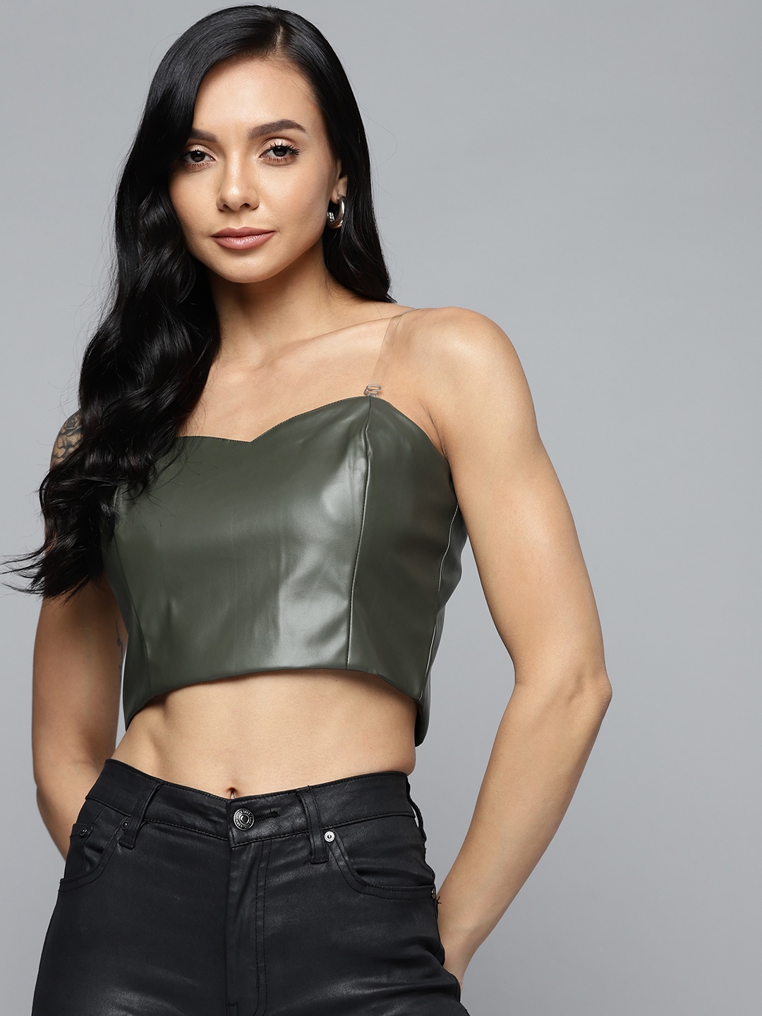 

SASSAFRAS Olive Green Solid Sweetheart Neck Regular Crop Top