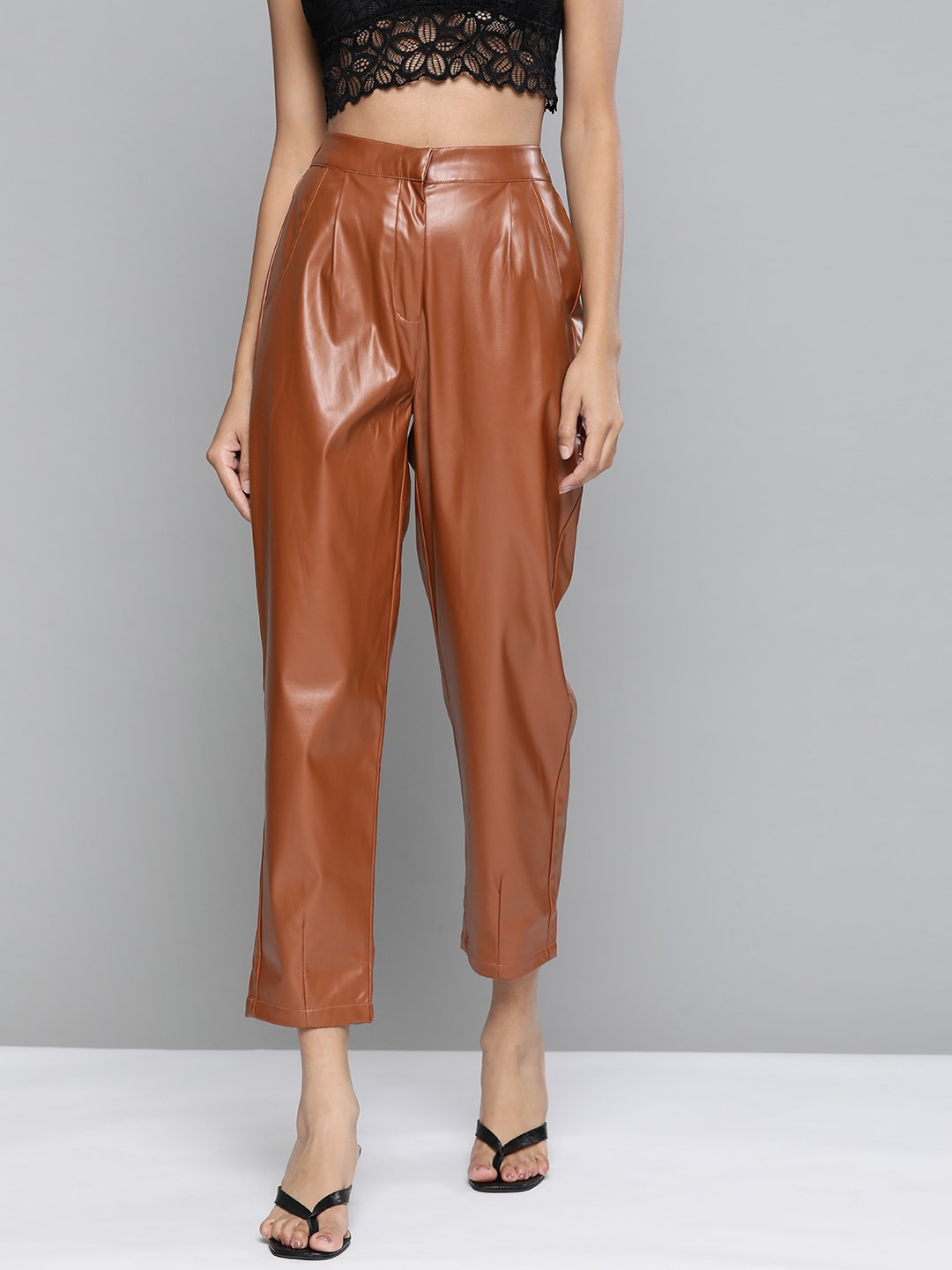 

SASSAFRAS Women Brown Tapered Fit High-Rise Pleated Trousers