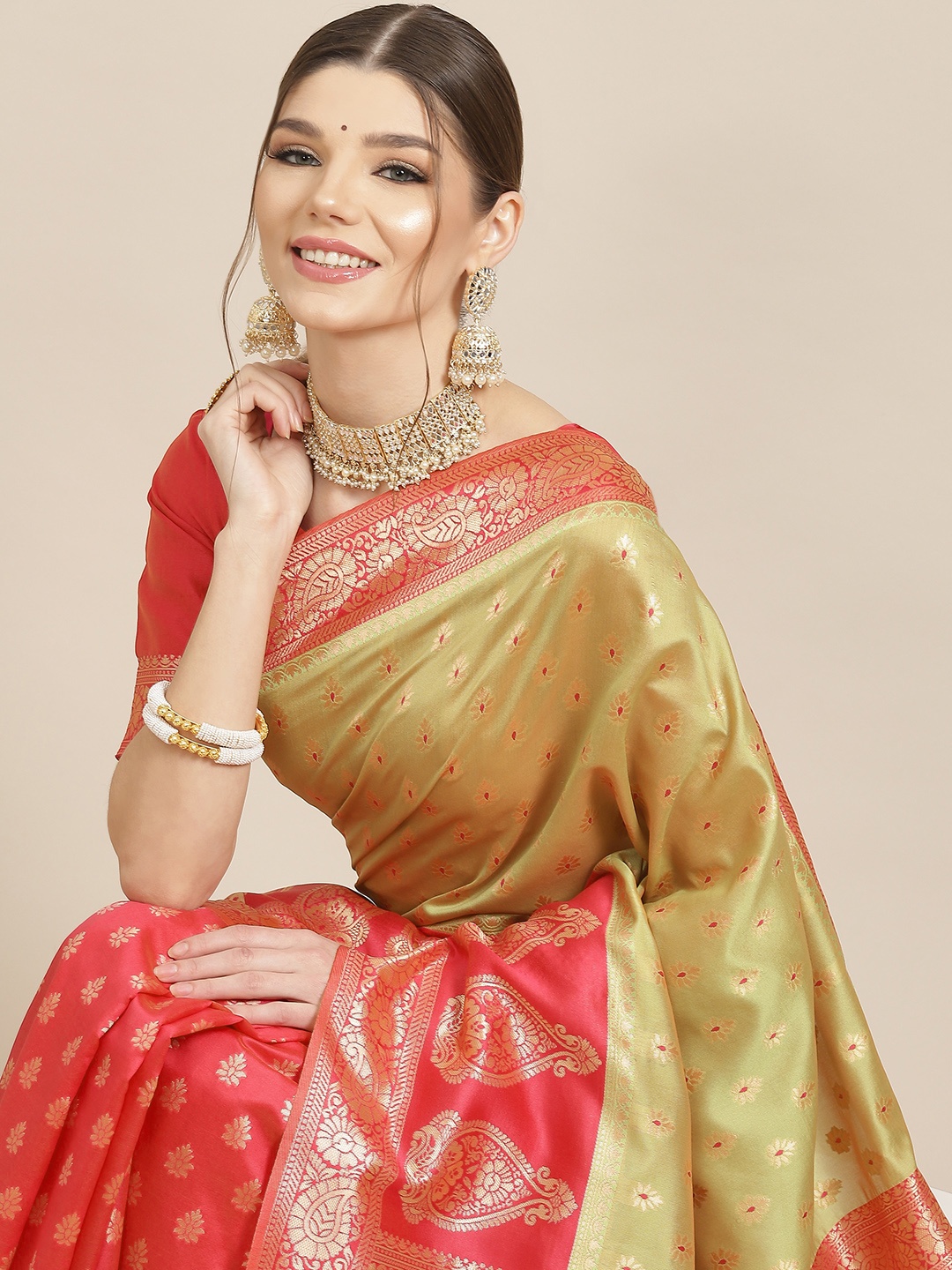 

SHUBHVASTRA Pink & Golden Woven Design Banarasi Saree