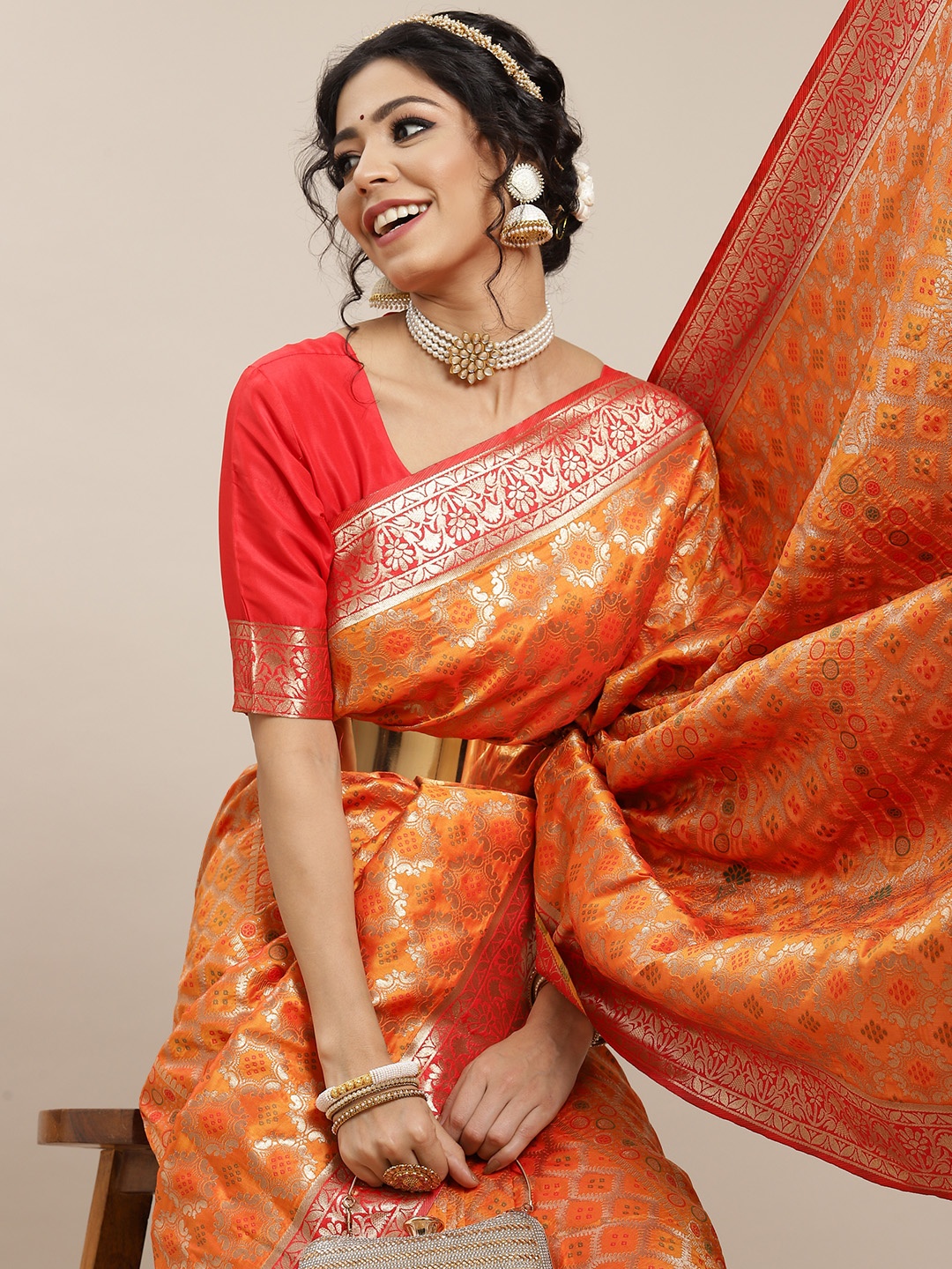 

SHUBHVASTRA Orange & Red Woven Design Banarasi Saree