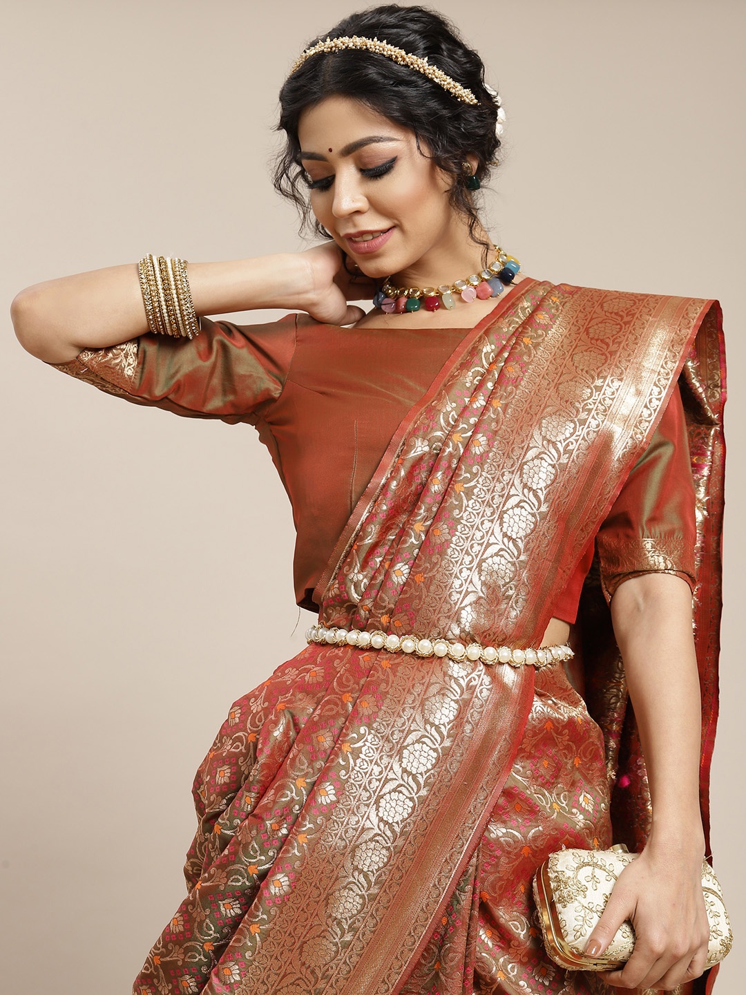 

SHUBHVASTRA Brown & Golden Woven Design Banarasi Saree