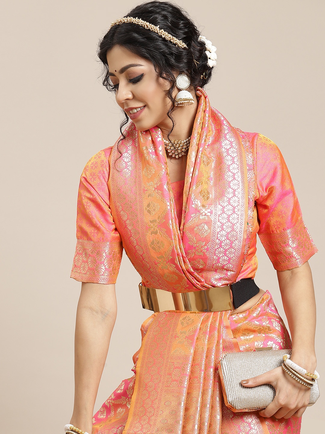 

SHUBHVASTRA Peach-Coloured & Orange Woven Design Banarasi Saree
