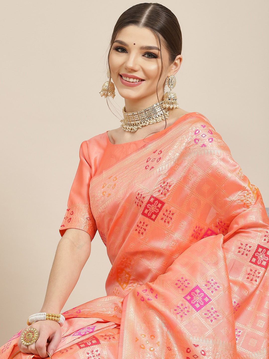 

SHUBHVASTRA Coral & Pink Banarasi Ethnic Motifs Saree