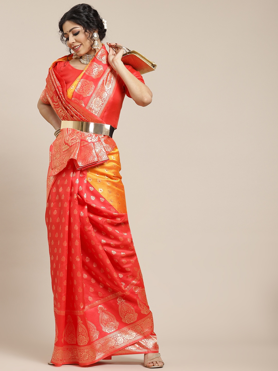 

SHUBHVASTRA Orange & Pink Woven Design Banarasi Saree