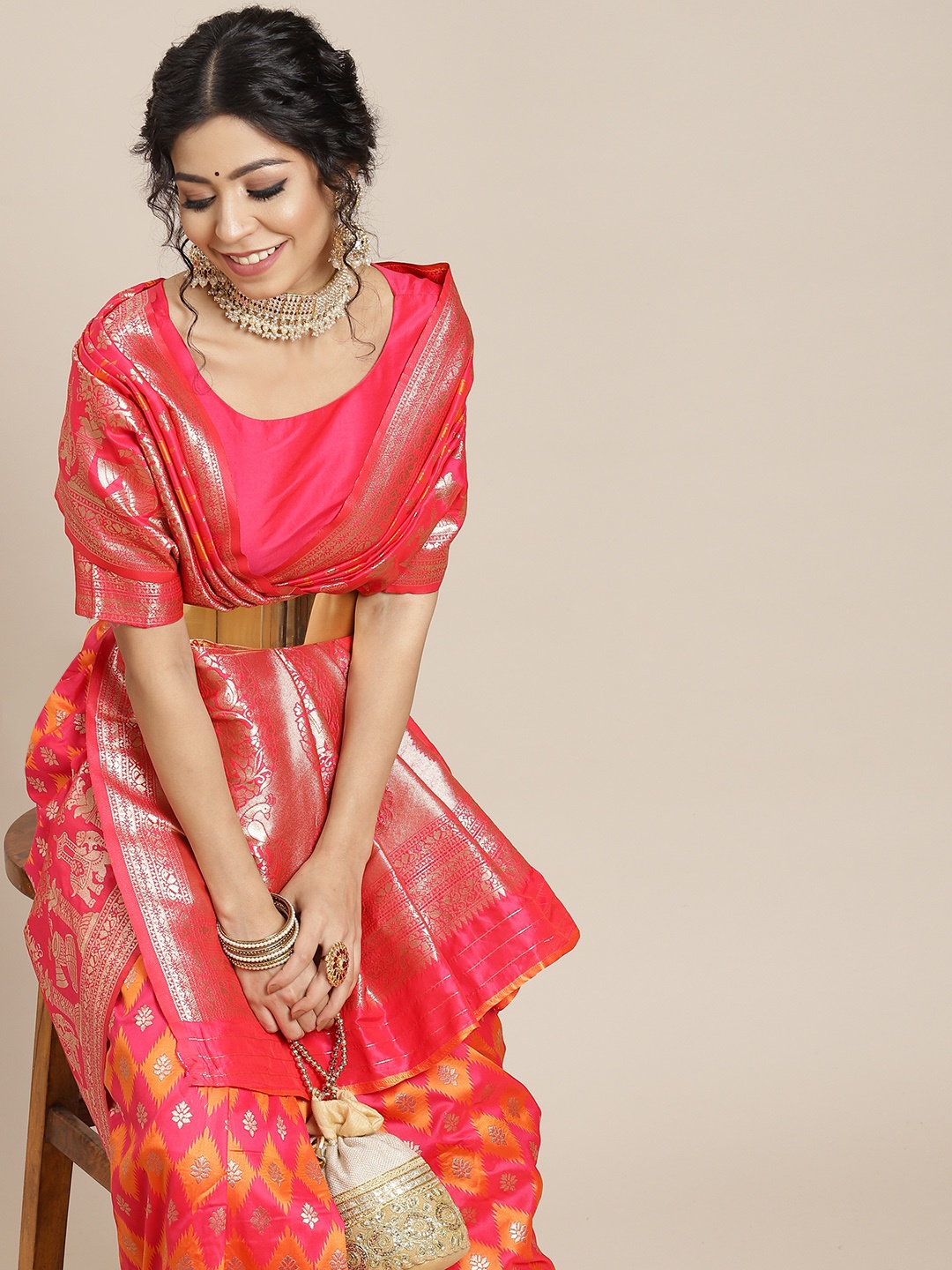 

SHUBHVASTRA Pink & Golden Woven Design Banarasi Saree