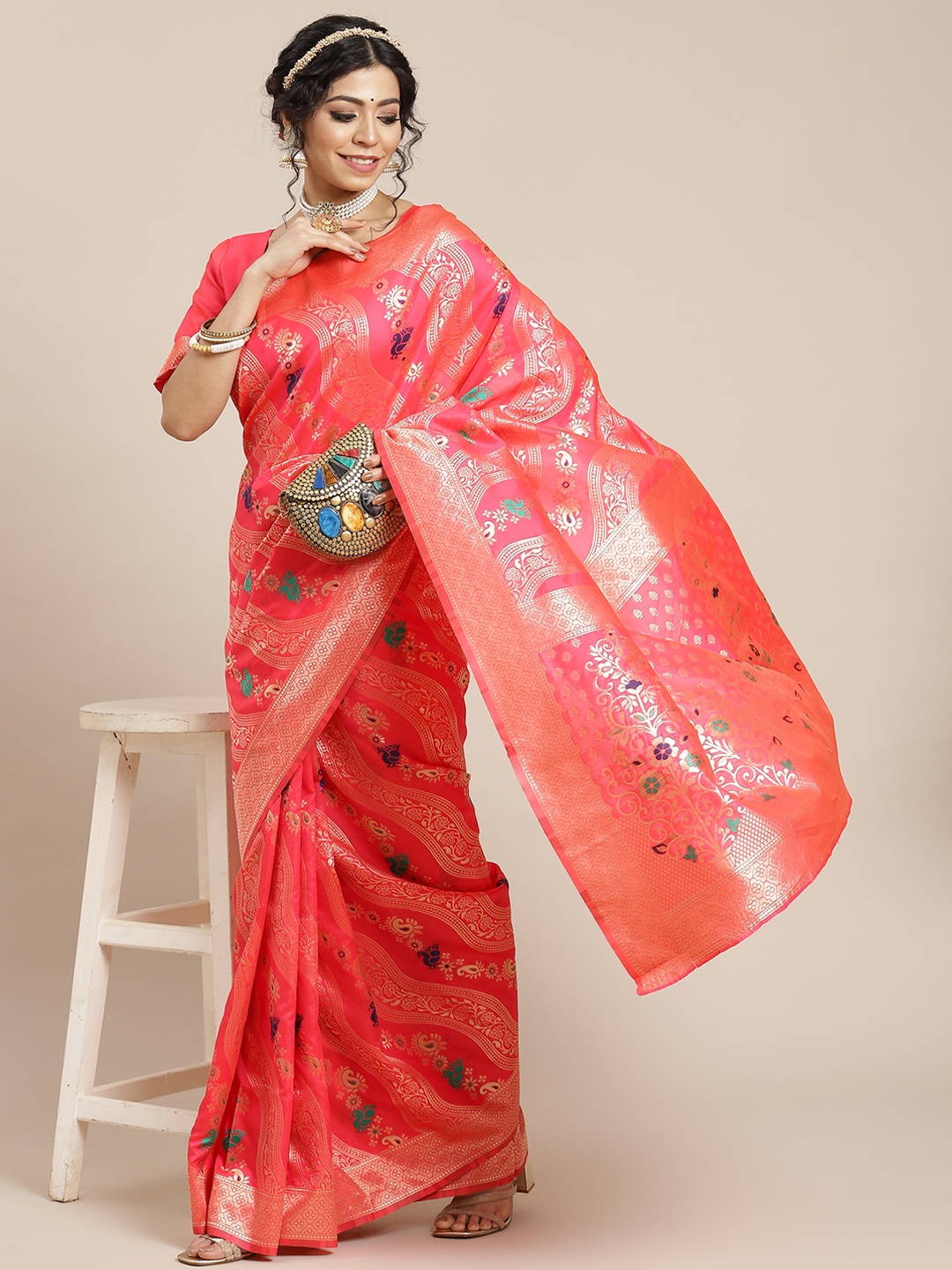 

SHUBHVASTRA Pink & Golden Woven Design Banarasi Saree