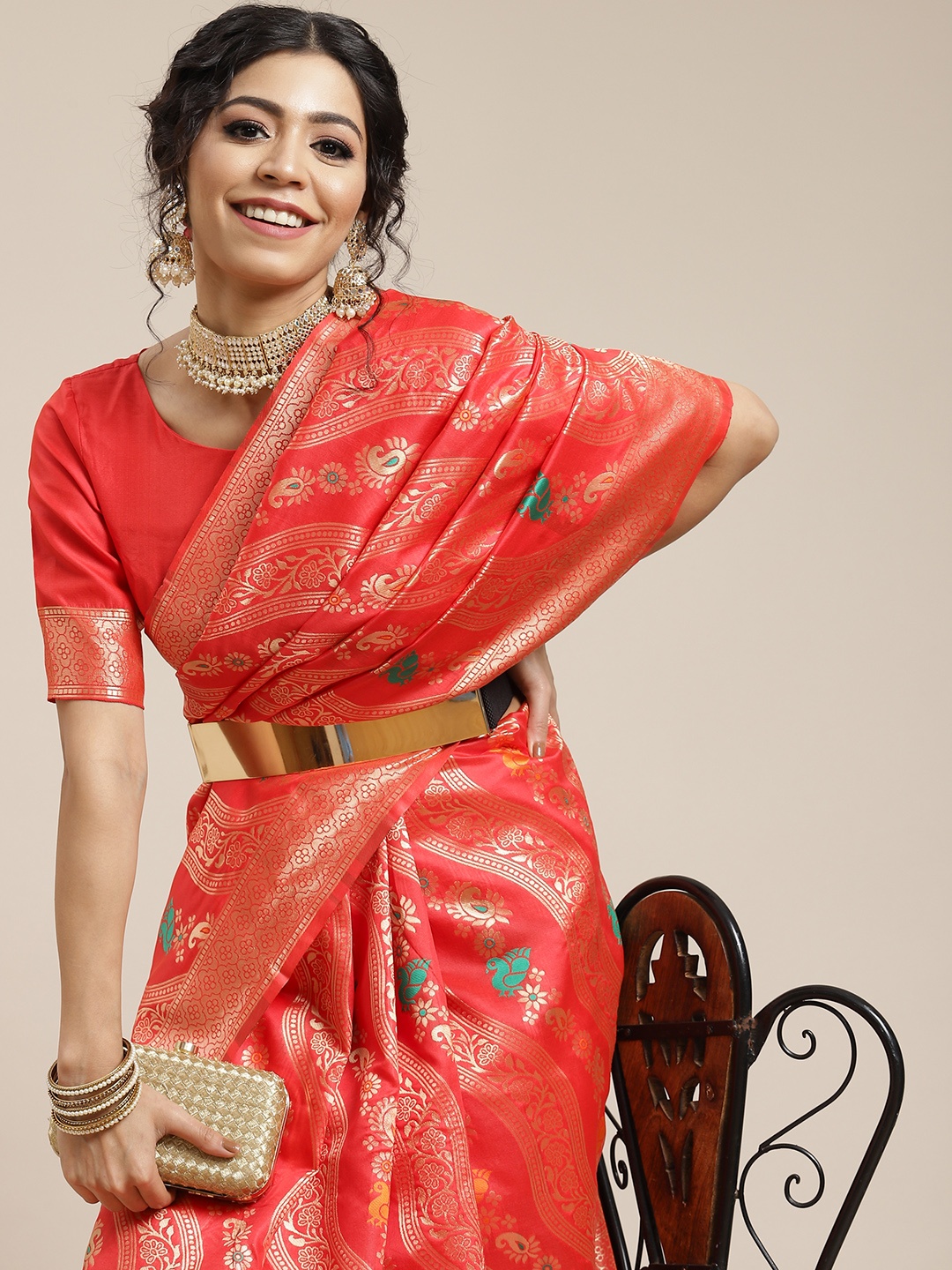 

SHUBHVASTRA Women Red & Golen Woven Design Banarasi Saree