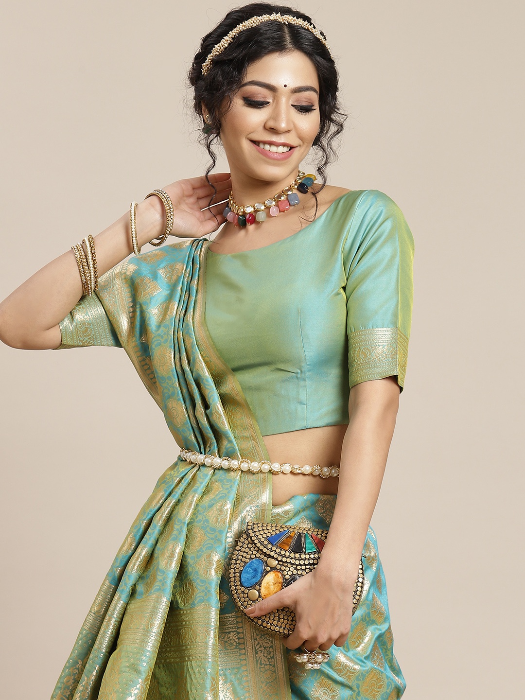 

SHUBHVASTRA Women Green & Blue Woven Design Banarasi Saree