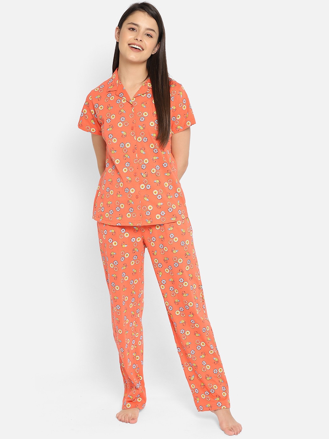 

Clovia Women Orange Printed Night suit