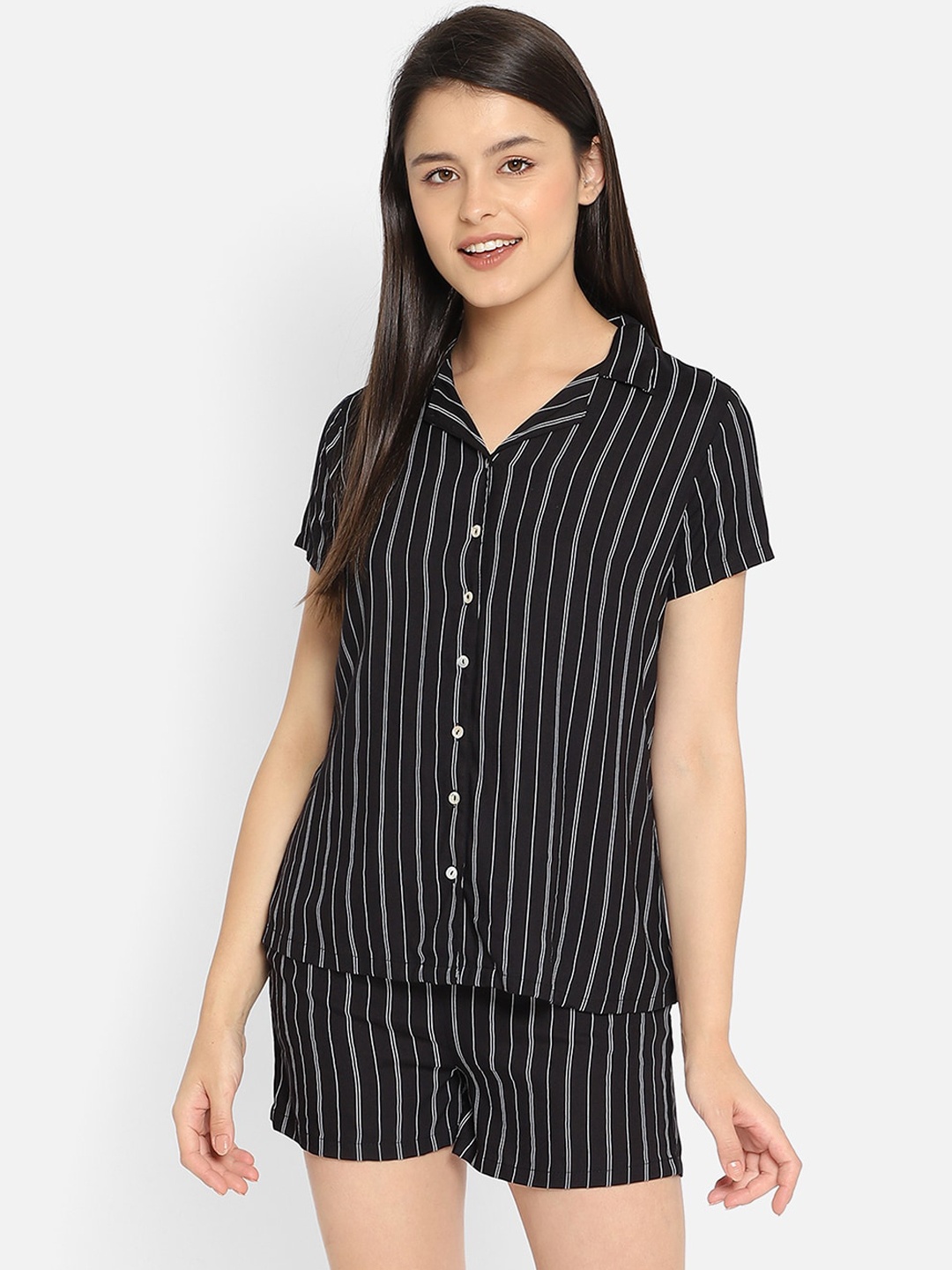 

Clovia Women Black Striped Night suit