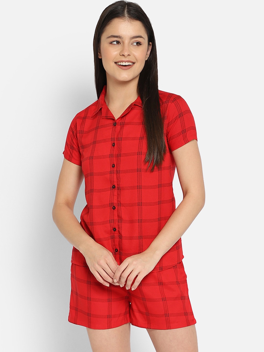 

Clovia Classy Checks Pure Cotton Button Down Shirt & Shorts Set, Red