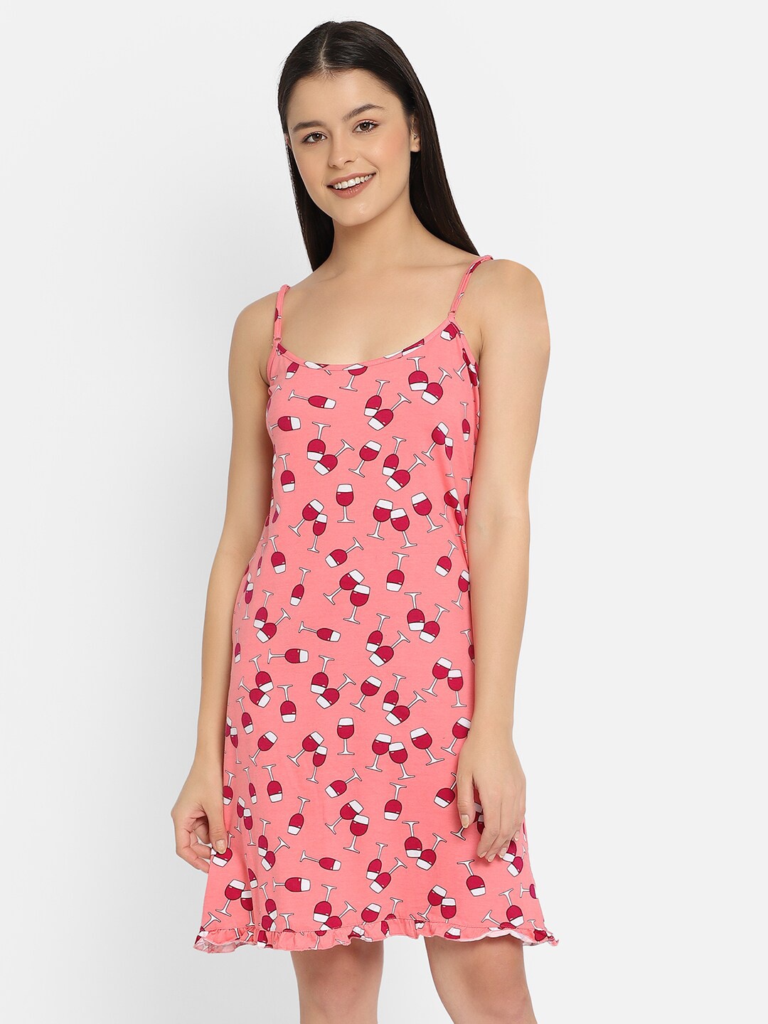 

Clovia Wine Glass Print Cotton Rich Short Night Dress, Pink